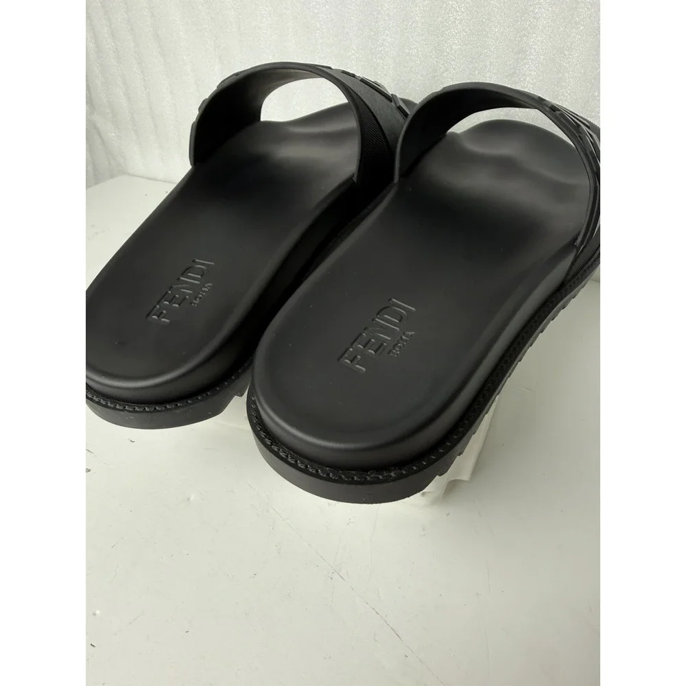 Fendi Men's FF Diagonal Logo Print Slides Men's Size 13 Black (Authenticated)